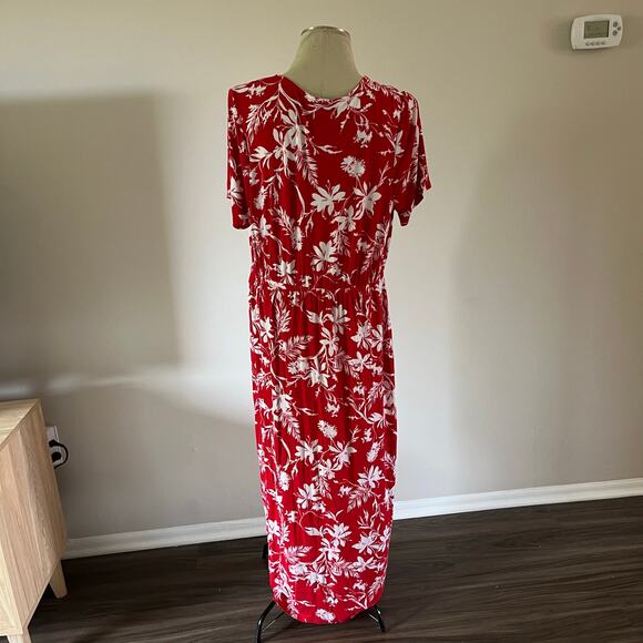 Red Tropical Floral Print Short Sleeve Wrap Maxi Dress Plus Sz 2X Stretch Cruise - Picture 6 of 10